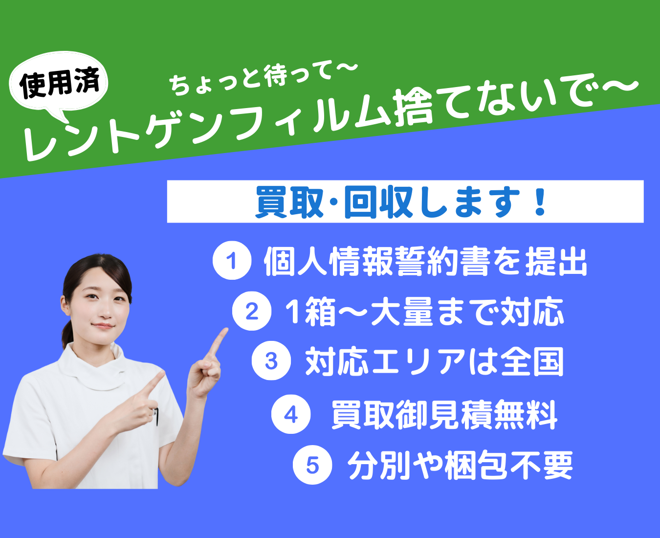 使用済みレントゲンフィルムを捨てないで下さい。弊社は買取・回収します。個人情報誓約書を提出。1箱～大量まで対応可能。対応エリアは全国です。買取御見積は無料です。分別や梱包作業は不要です。